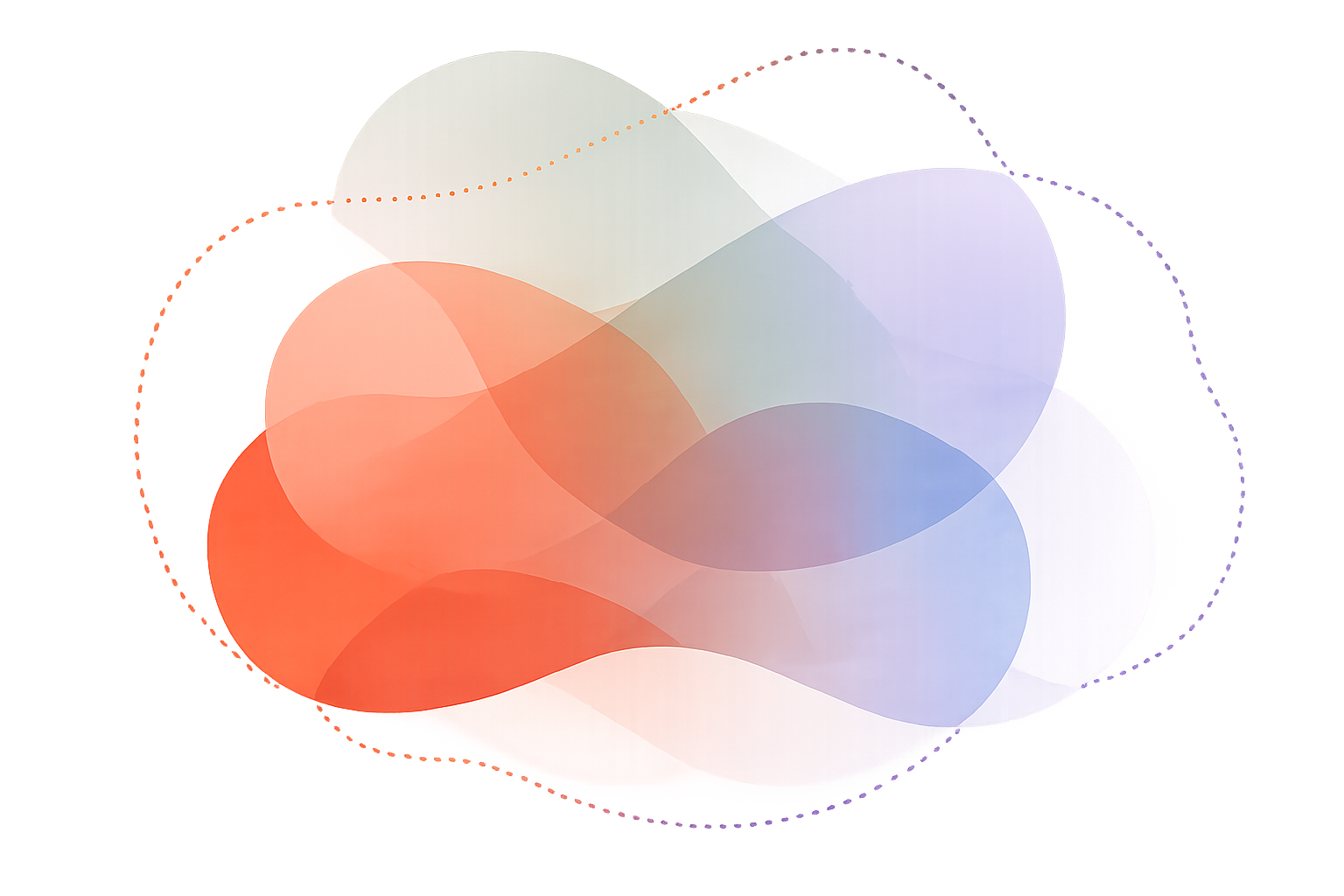 Overlapping translucent flowing shapes in the FluidMacros macro colors — terracotta, sage, lavender and slate.
