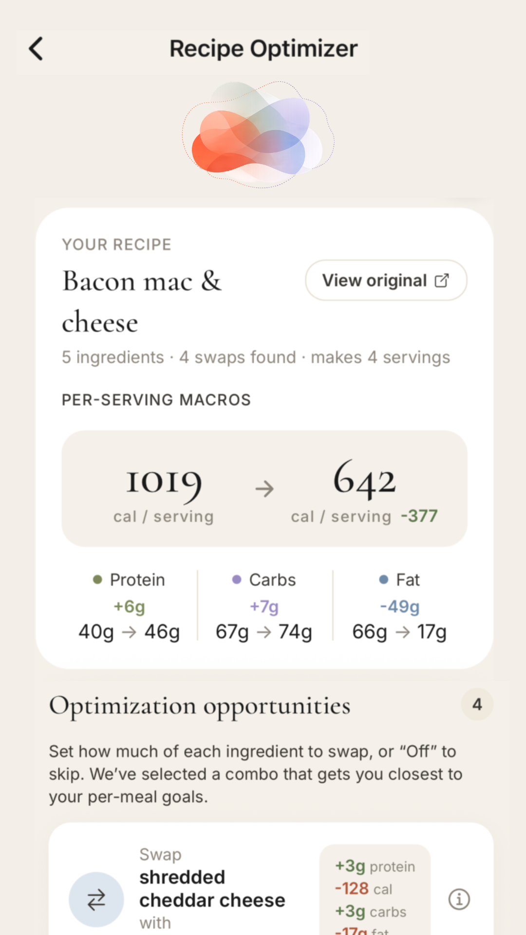 FluidMacros Recipe Optimizer screen for Bacon mac & cheese, showing per-serving macros dropping from 1019 to 642 calories with protein, carbs and fat changes and a list of ingredient swaps.